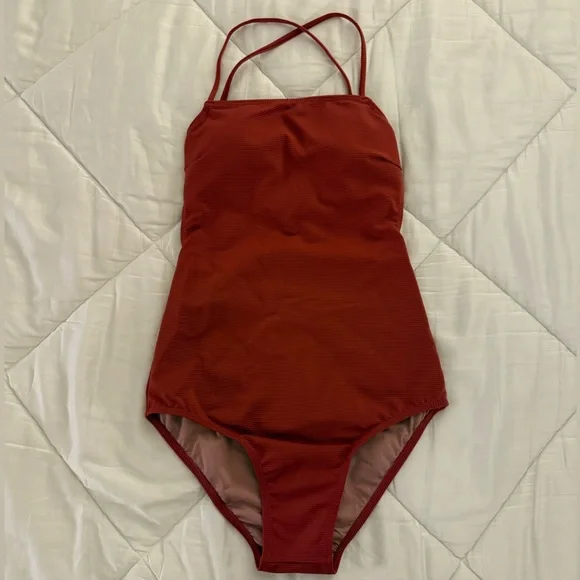 Red/Burgundy One-Piece Swimsuit with Adjustable Straps and High-Cut Legs - Picture 7 of 8